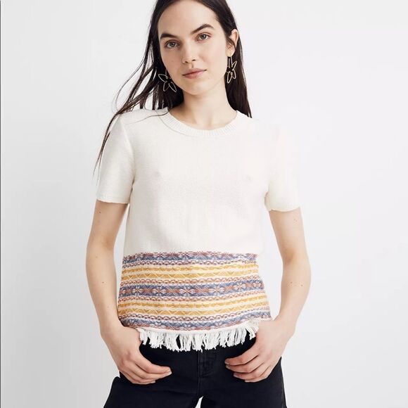 MADEWELL Fringe Jacquard Short Sleeve Sweater Size S - Picture 1 of 11